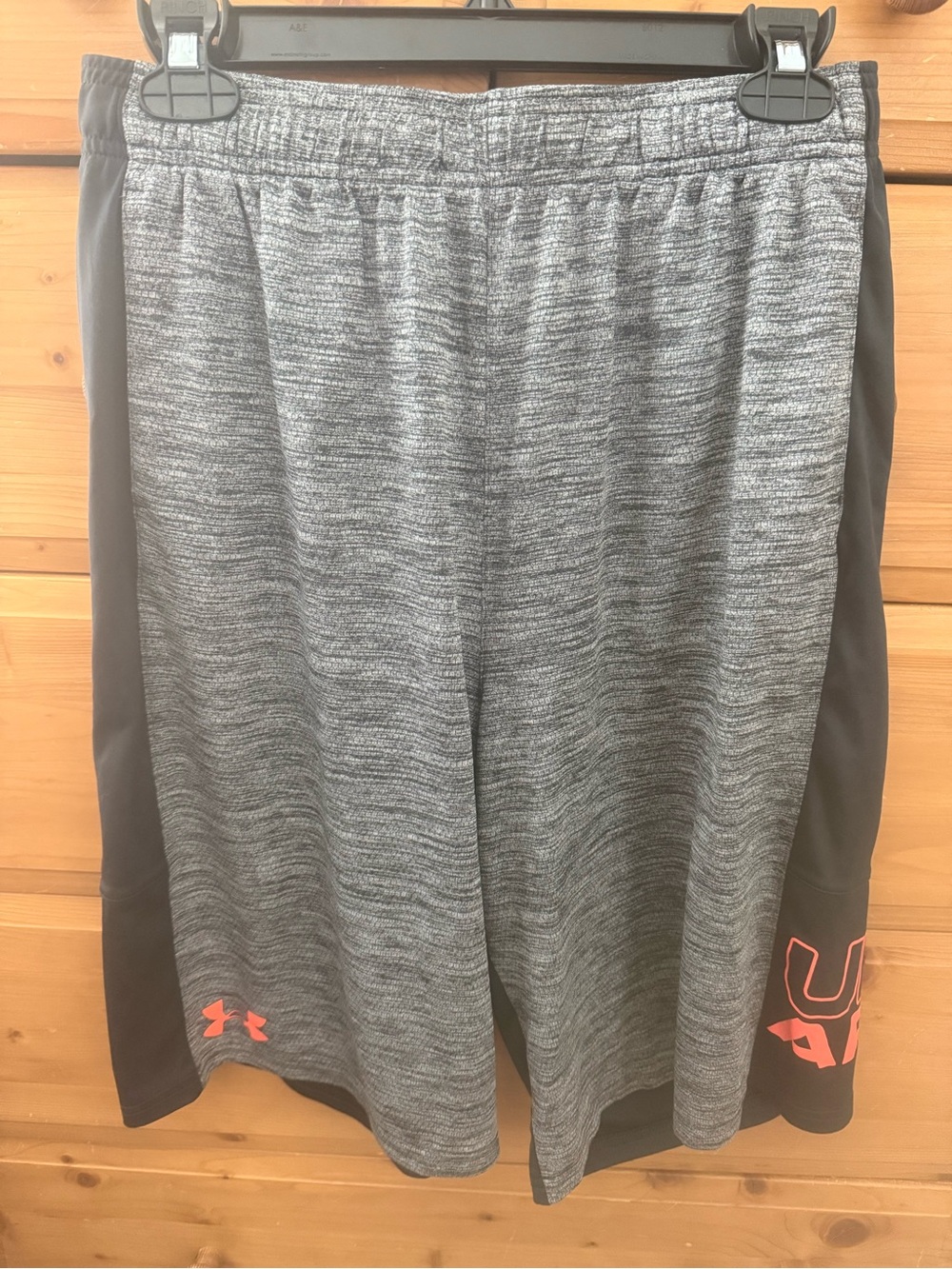 Boys Under Armour Gray Heather Shorts with Black Panels and Orange Accents